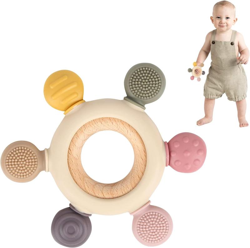 Baby Teether Silicone Teething Toys for Baby 3+ Months with Wooden Ring BPA Free Boys Girls Baby 1