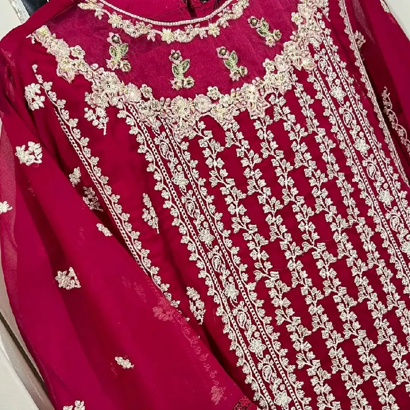Aghanoor inspired 3pc fully heavy embroidered Chiffon Dress with silk trouser.. 3