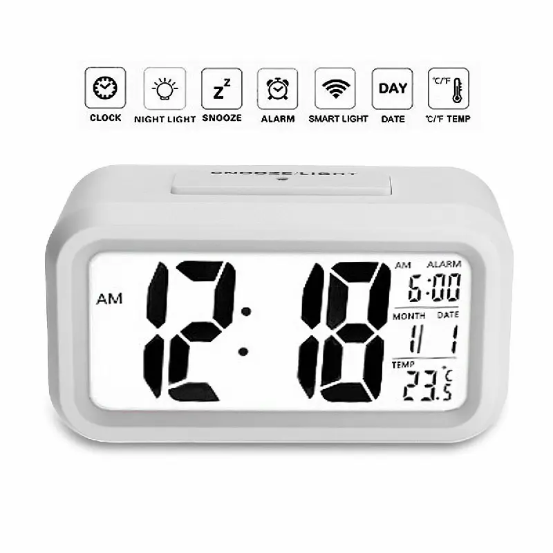 5.3 Inch Smart Simple Silent LED Digital Alarm Clock w/ Date Temp Display -White Decor Light 1