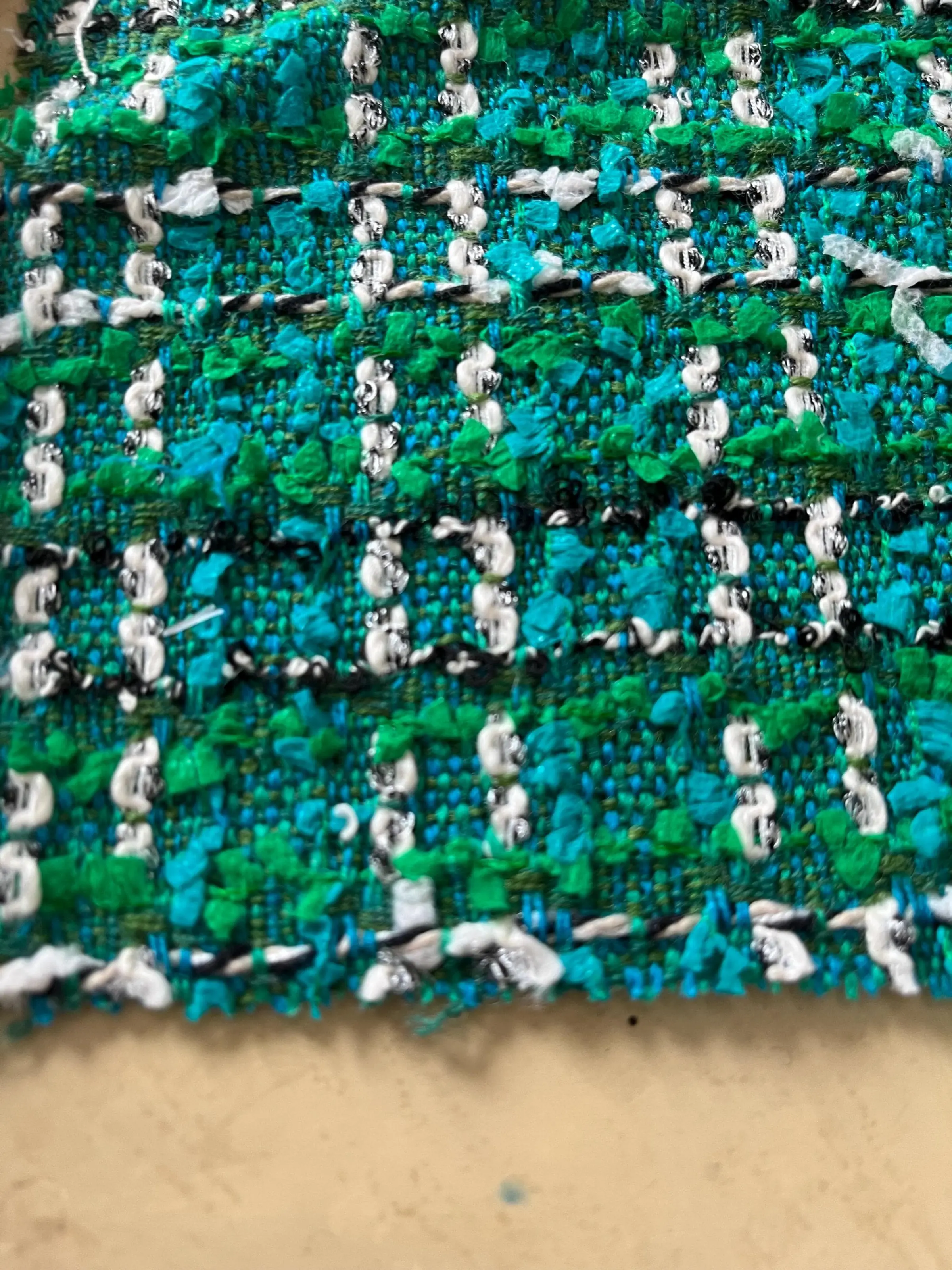 NEW High Class Shades of Green Black, Off White Check Couture Wool Tweed Boucle Fabric (Read Description)