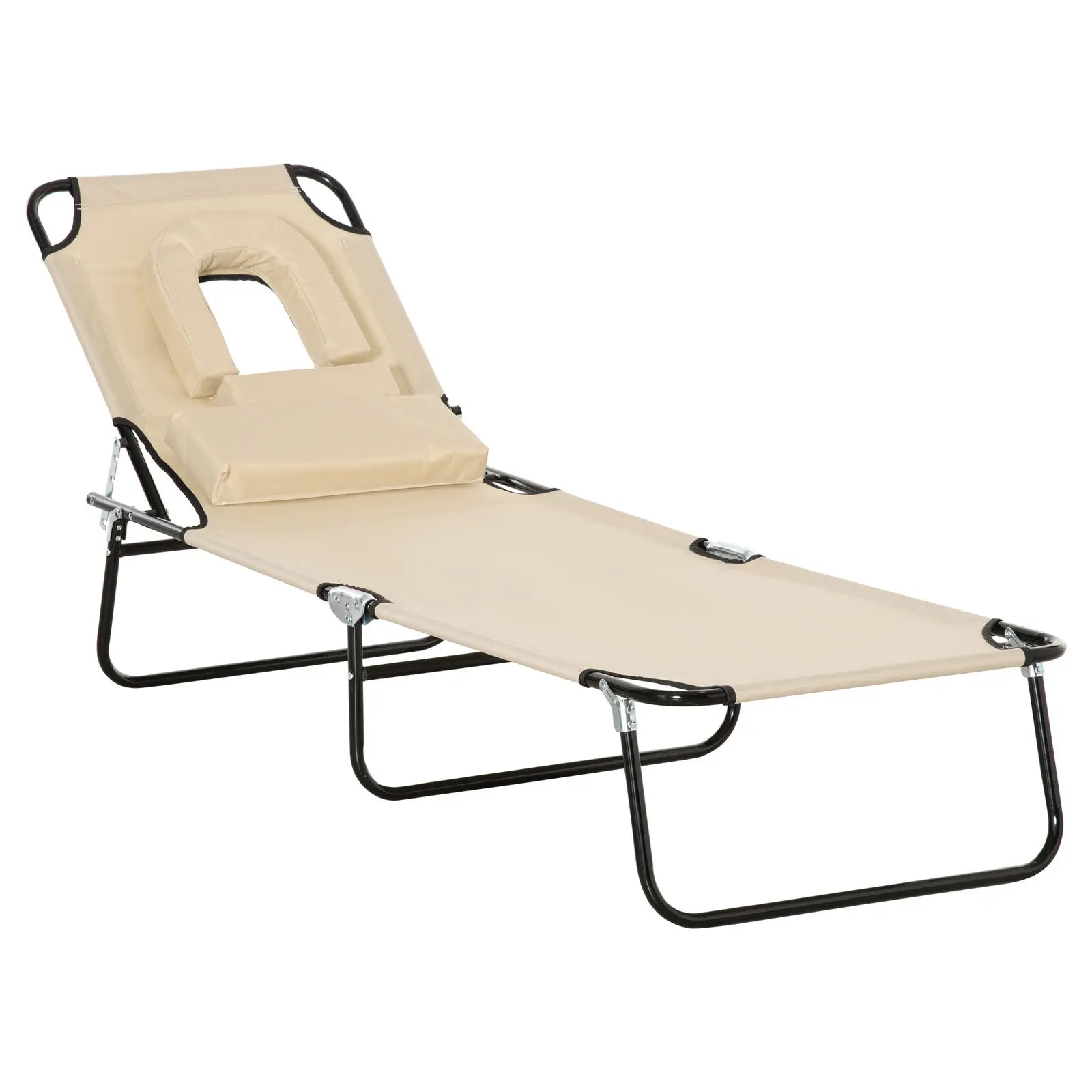 Sun Lounger Foldable Reclining Chair & Reading Hole Recliner Adjustable - Beige