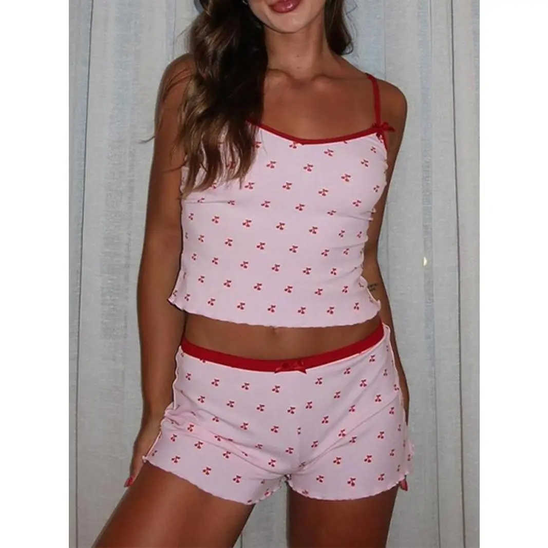 Two-Piece Set Women's Cherry Print Contrast Binding Pyjama Set, Casual Adjustable Strap Crop Cami Top & Shorts Set, Summer Sleepwear Set for Women Valentine's Day, gift