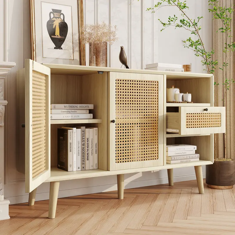 Modern simple sideboard 120*40*80cm, light-colored wooden woven door design, with drawers and unique legs, creating a warm and comfortable home atmosphere 2
