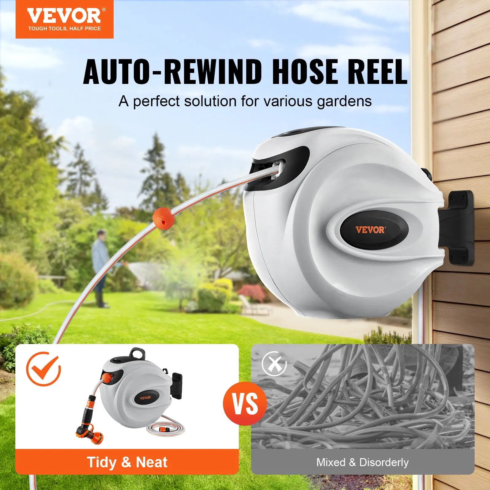 VEVOR Retractable Hose Reel, Max. 35+2m, 115 ft x 1/2 inch, 180° Swivel Bracket Wall-Mounted, Garden Water Hose Reel with 9-Pattern Nozzle and 3 Fast Adaptors, Automatic Rewind, Lock at Any Length
