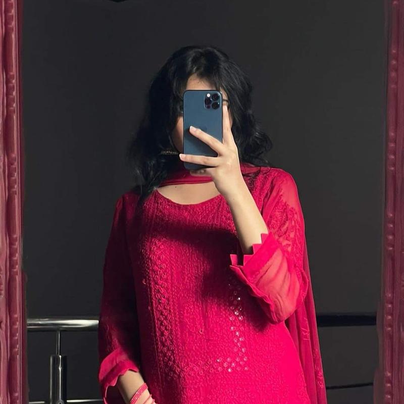 Handmade Chicken kari Chifoon 4PC Women Dress For Muslim Women and Girls ( Sleeves and Daman Design will be as per Black Suit Design) 3