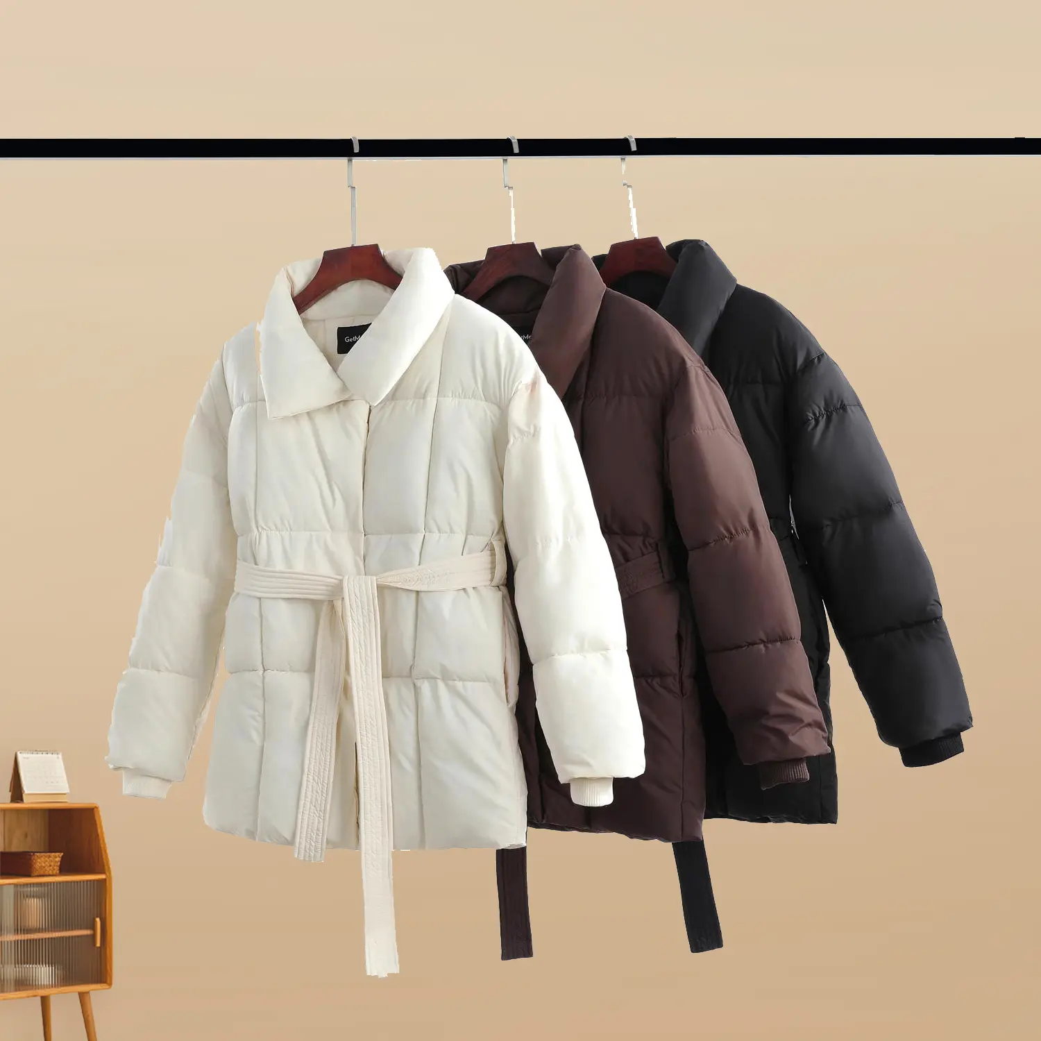 【GetMod】 Premium Women  Mid Length Belted Puffer Jacket Women Casual Coat, Water Repellent Women Winter Ladies Classic Quilted Outerwear Coat Big Pocket # C11
