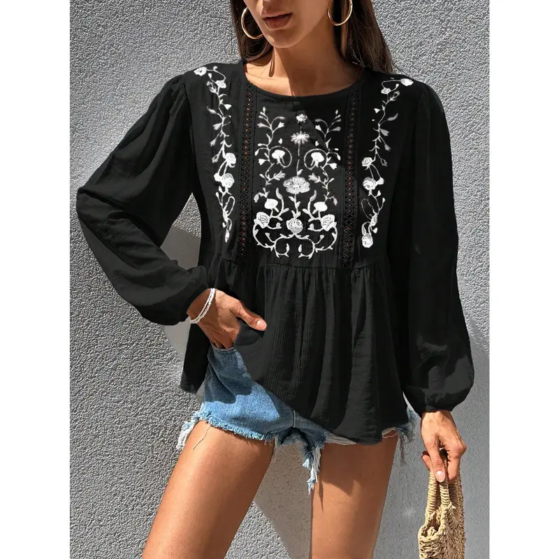 ​Women's TopsWomen's Flower Embroidery Long Sleeve Shirti Crinckle Fabric, Boho Style, Slice Lace Detailed【S12】 Top Womenswear Blouse Comfort Black Casual Crewneck Floral Bohemian Fitted cold  shoulder  tops shirts  women 0