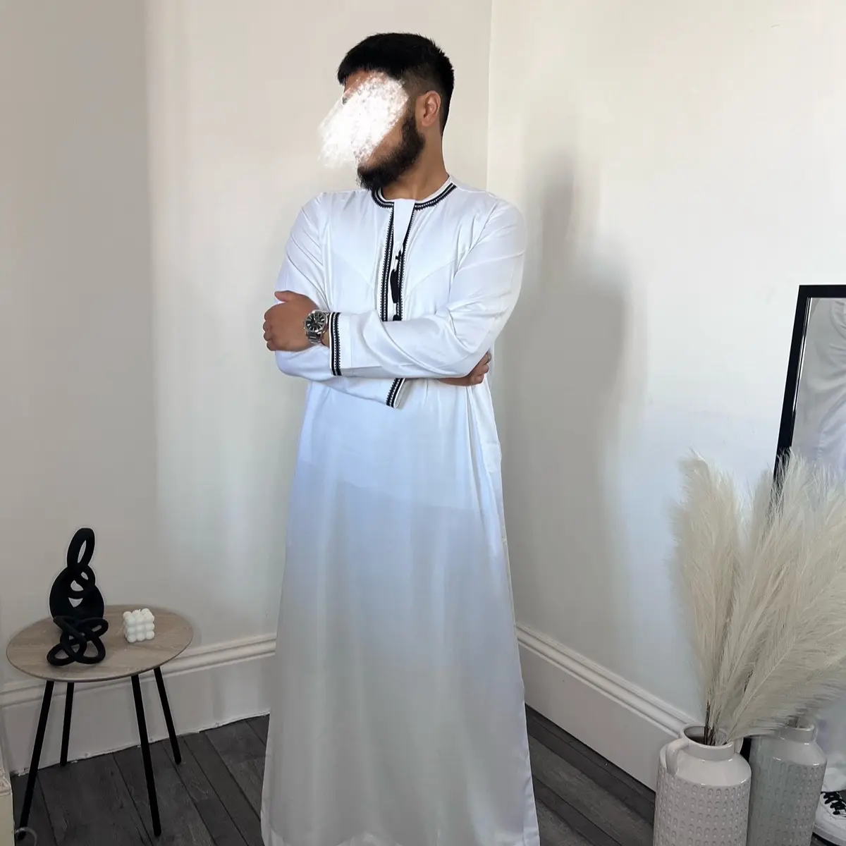 White embroidered Omani style thobe