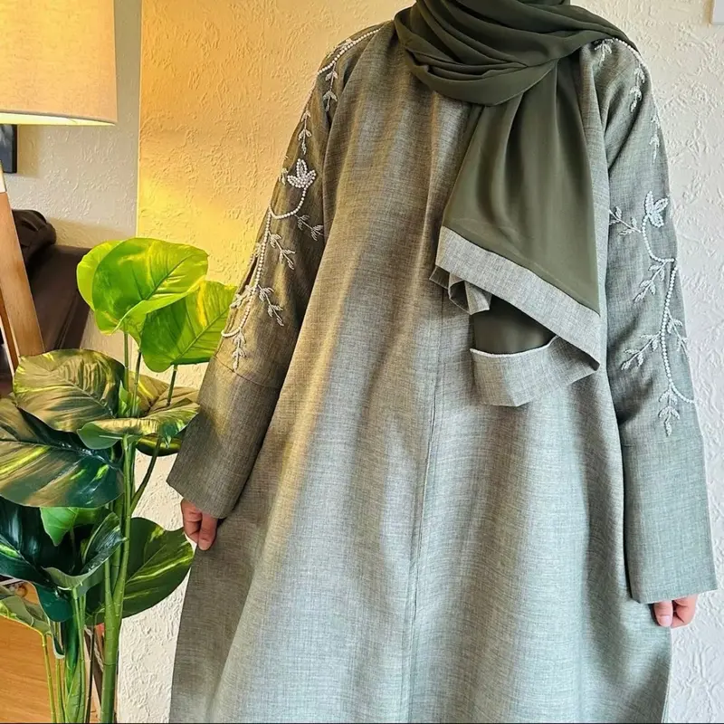 Linen embellished green abaya 2