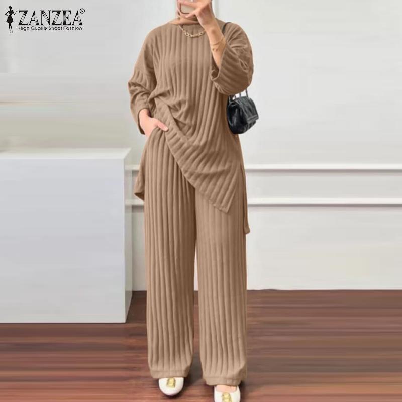 Product Introduction of Long Sleeve Blouse Wide Leg Pants Sets ZANZEA Women Matching Sets Solid Islamic Clothing Muslim Tracksuit Outifits 2PCS 5