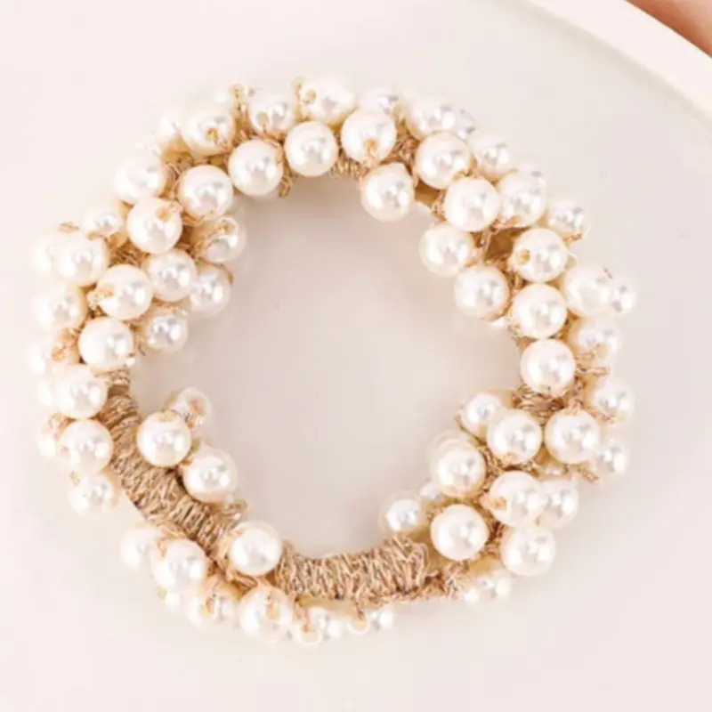 White and Gold Pearl Hair Scrunchie Elasticated 0