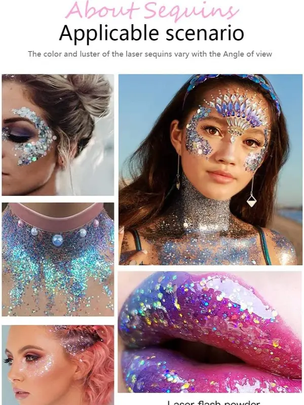 Body Glitter Gel, 50ML Face Glitters Body Gel Sequins Shimmer Liquid Eyeshadow, Mermaid Sequins Liquid Holographic Glitter Gel, Chunky Glitter for Face Hair Nails (White) Makeup Cosmetic 4