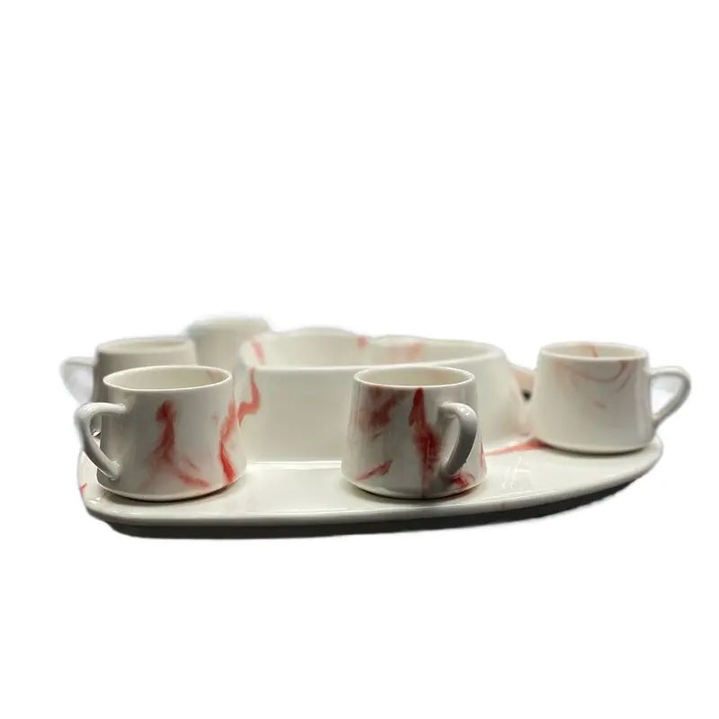 6PCS Ceramic Red Marble Effect Coffee Set 2