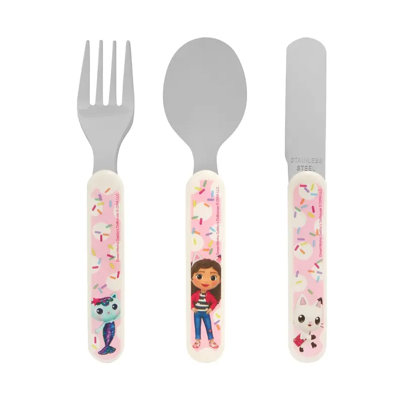 Gabby's Dollhouse 3 Piece Cutlery Set – Metal, Reusable, Fork & Spoon, Kids-Size, Made from Food-Safe Stainless Steel & ABS Plastic – Gabby. Mercat, Pandy Paws – for 12 Months & Up Lightweight Tableware Knife 0