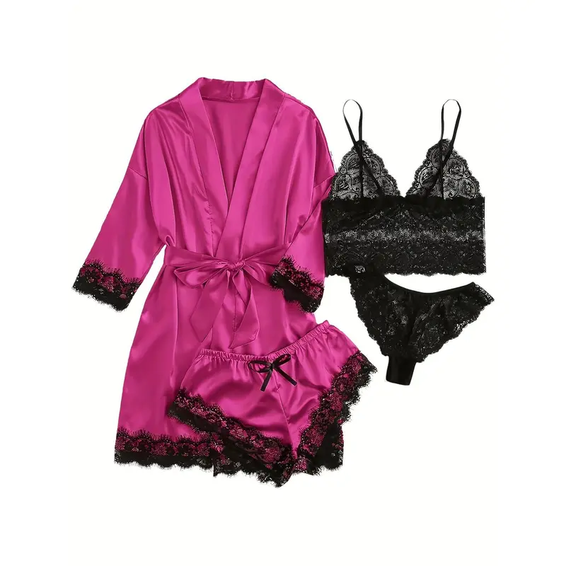 Elegant Satin Breasted Set With Lace Contrast, Three-Quarter Sleeve Gown With Belt And Camisole Bra And Trousers And Elastic Shorts, Home Wear For Women Womenswear Lingerie 7