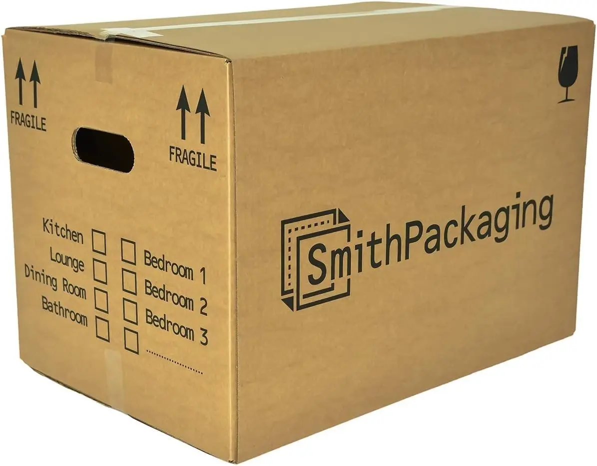 10 Large Strong Cardboard Packing Moving House Boxes 51cm x 29cm x 29cm with Carry Handles and Room List