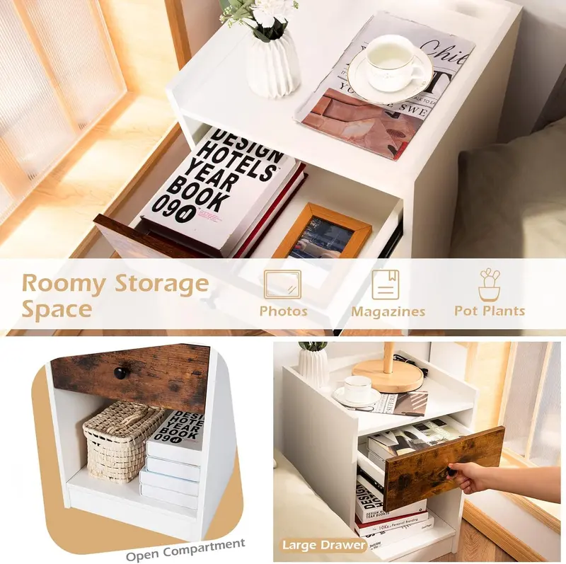 COSTWAY Set of 2 Bedside Tables, Wooden Nightstand Sofa Side Table, Home Living Room Bedroom 2 PCS End Tea Tables Storage Organiser Unit 3