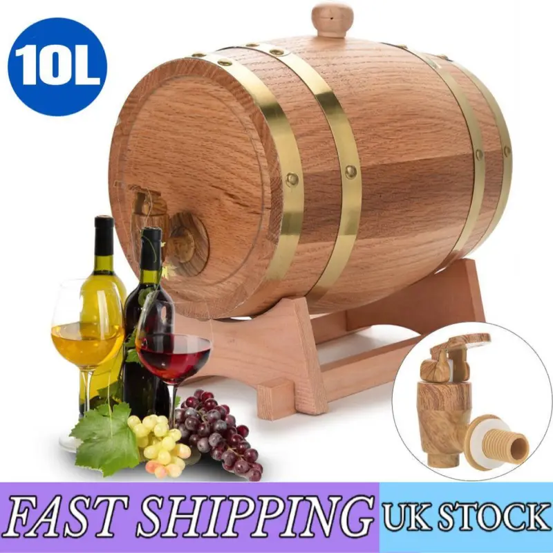 10L Oak Timber Wine Barrel Beer Whiskey Rum Dispenser Wooden Keg with Small Tapn 0