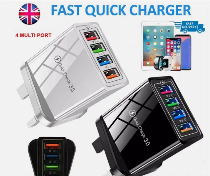 4 Multi-Port Fast Quick Charge USB Hub Mains UK Plug Adapter Wall Charger Phones