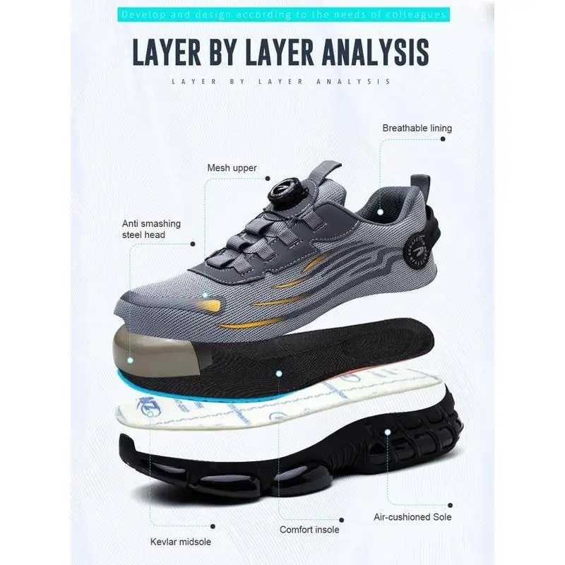 Men's Lace Up Low Top Anti Piercing & Anti Smashing Safety Shoes with Rotating Button, Back To School Casual Contrast Mesh Work Shoes, Contrast Mesh Footwear for Outdoor Boy Walking Shoes 3