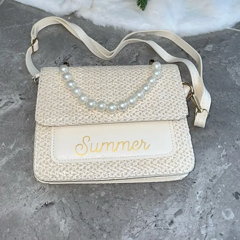 Pearl Personalised Straw Crossbody Cream Bag 2