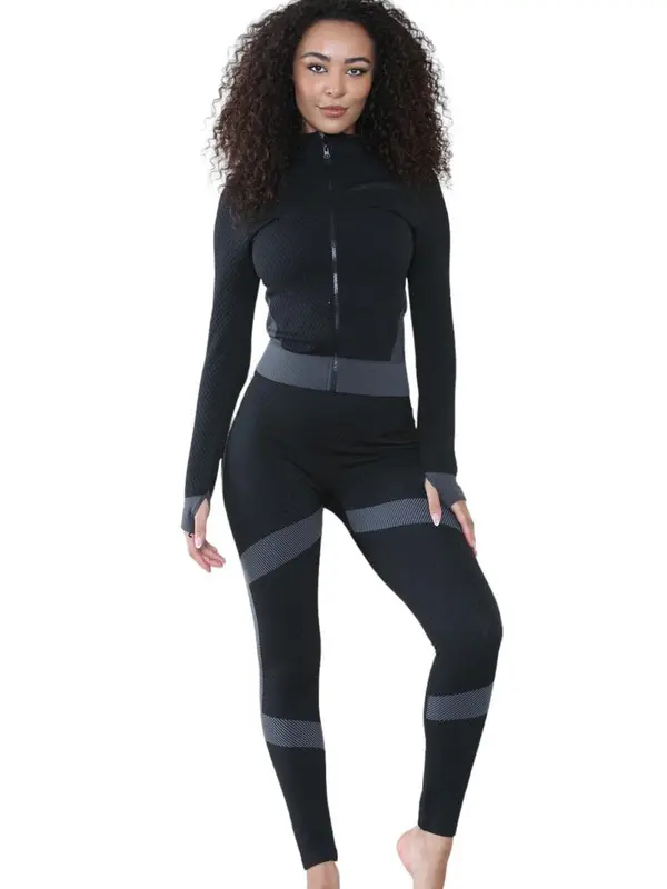 Women's Seamless 3-Piece Yoga Set - A Honey Comb Textured Material with Linear Detail And Cropped Zip Up Top. Gym Workout Fitness Tracksuit 5