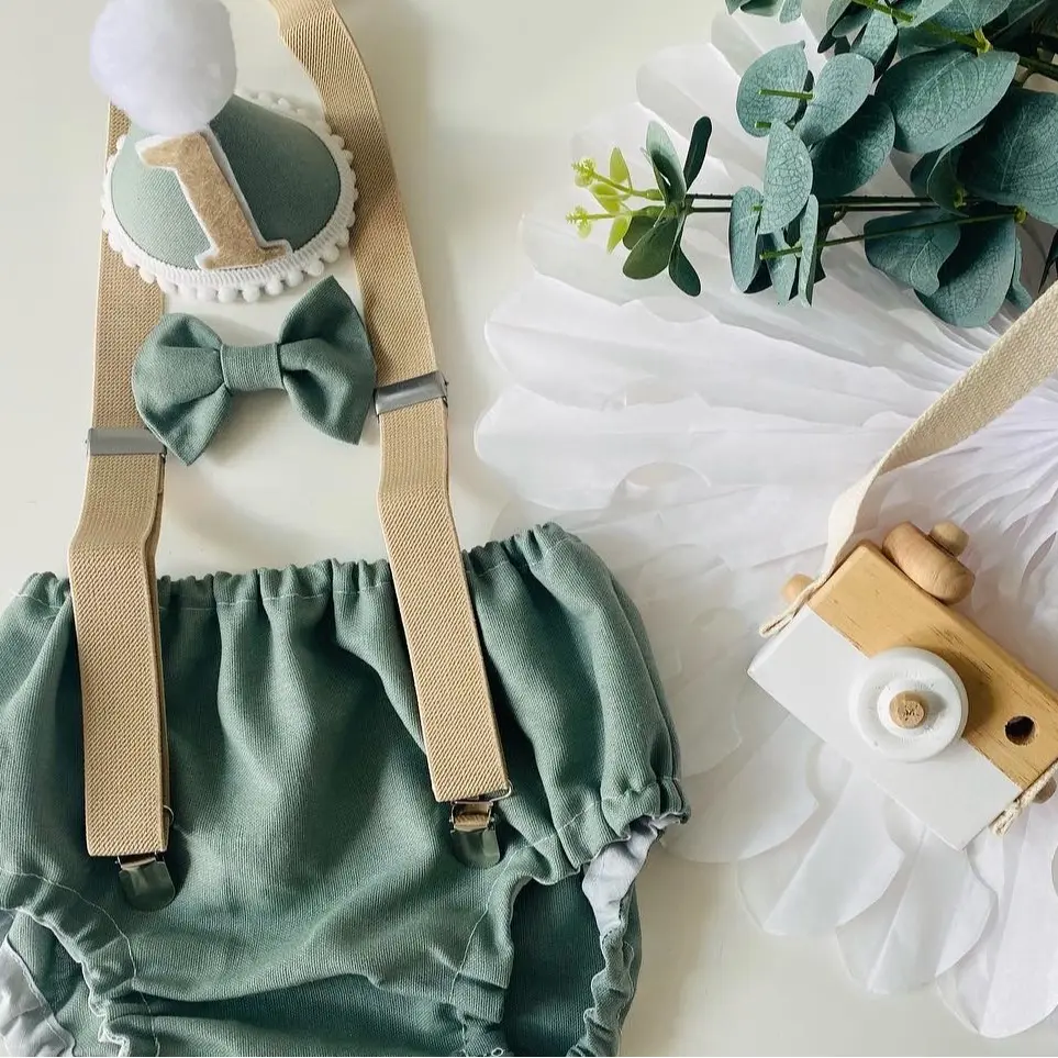 Sage and Beige Baby Boys Cake Smash Outfit. 1st Birthday gift.