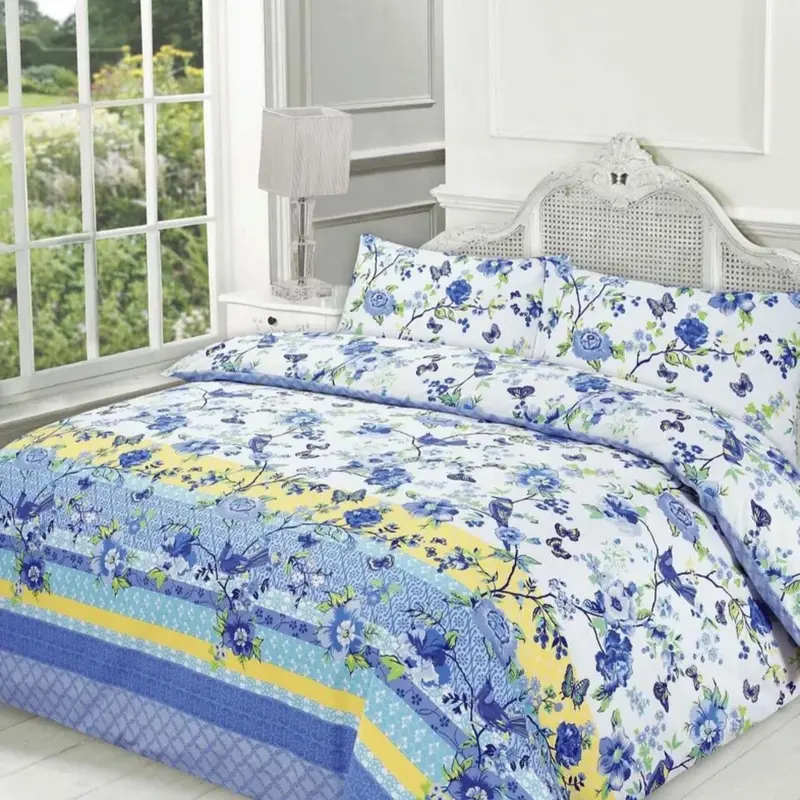 Luxury Duvet Cover Set with Pillowcases - Quilt Cover Set with Matching Pillowcases - Floral Flower Geometric Pattern Traditional Modern Cosy Stripes Blocks Printed PolyCotton Rich Duvet Cover Complete Bedding Set Single Double King Super King Bed Size 2