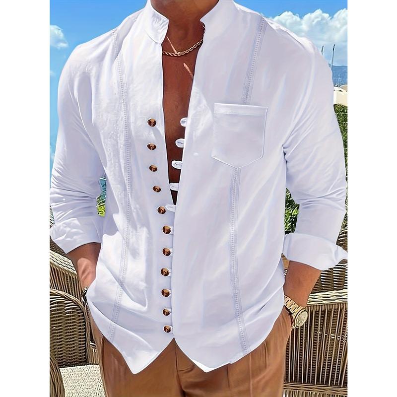 Men's Solid Ethnic Style Band Collar Jacket For Spring Summer, Stylish Casual Cotton Shirt For Males 4
