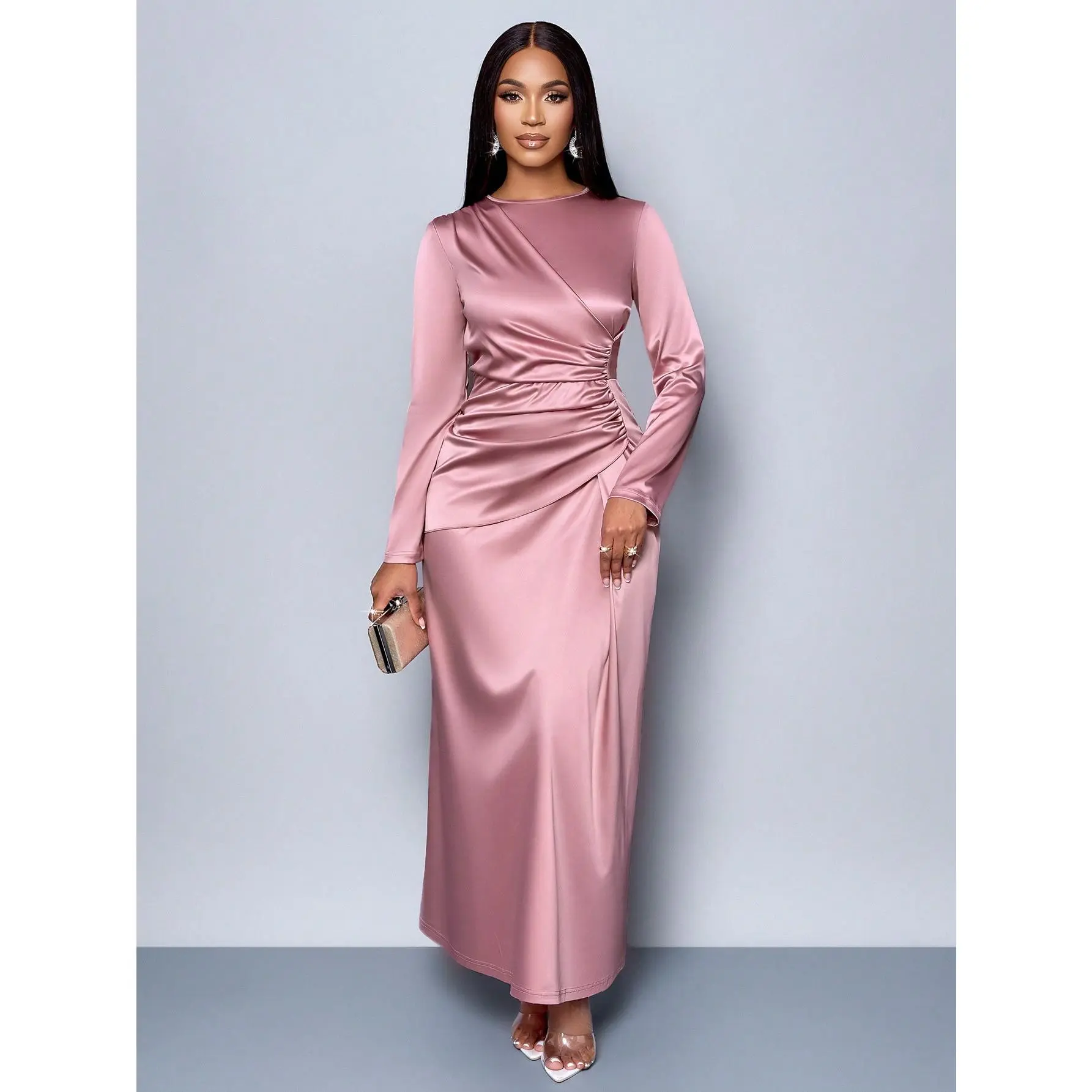 VaVaLuxe Women's Elegant Solid Color Ruched Side Satin Bodycon Dress,Suitable For Dating Party Maxi Women Outfit