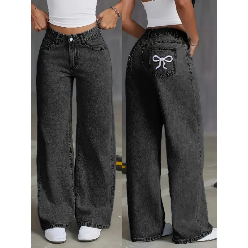 Women's High-Waisted Wide Leg Denim Jeans with Bow Embroidery, Light Blue Casual Stretch-Free Long Pants, Comfort Fit for Casual Attire