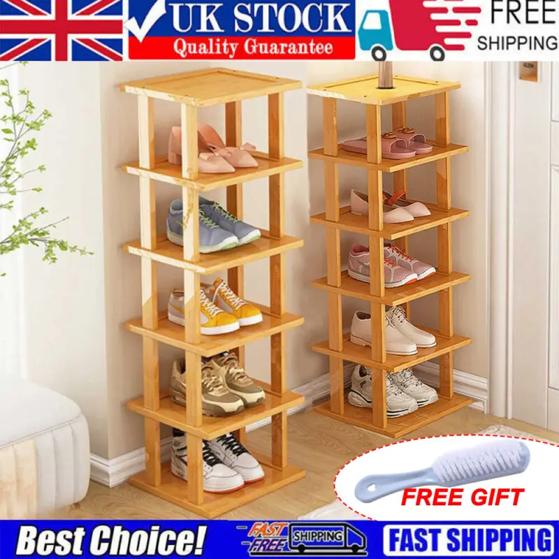 6 Tier Vertical Shoe Rack Tall Narrow Shelf Storage Organizer Slim Shoe Tower UK Bamboo Metal 0