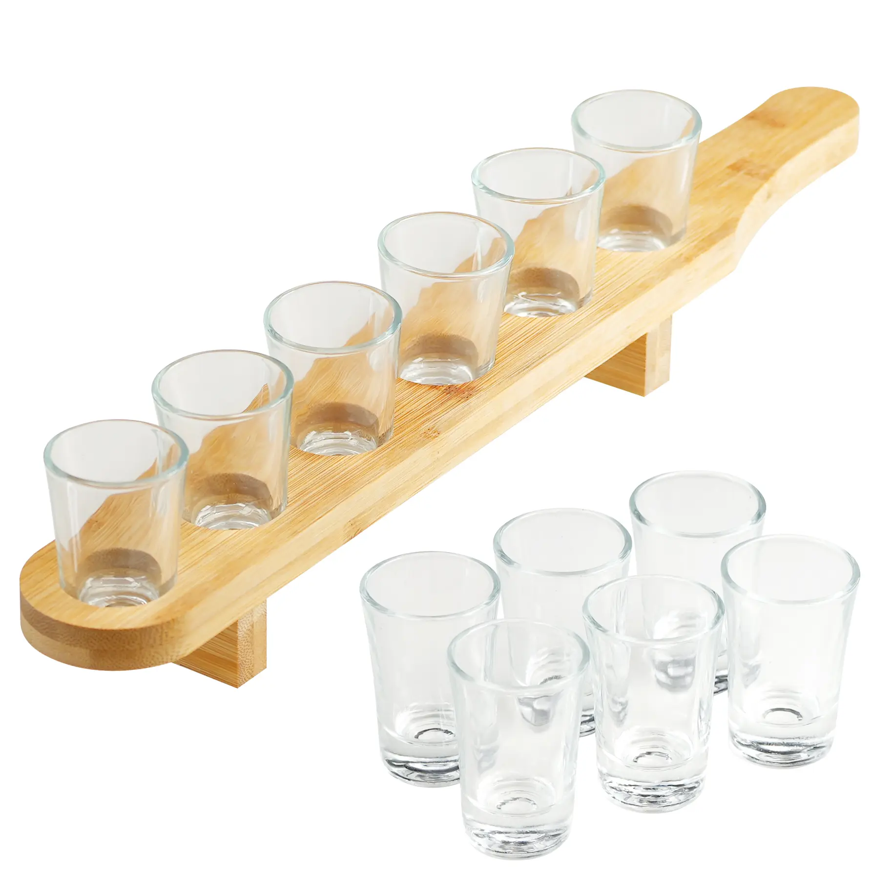 GEEZY Glass Shot Glasses Set of 6 with Wooden Bamboo Holder 40ml - Shot Glass Holder with Large Shot Glasses, Alcohol Shot Set, Shot Tray and Tequila Shot Glasses, Shot Paddle Board