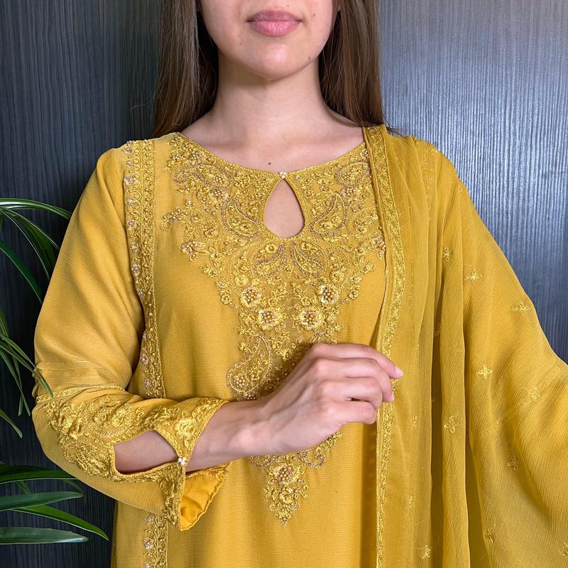 Mustard Hand Embroidered Chiffon Suit 1