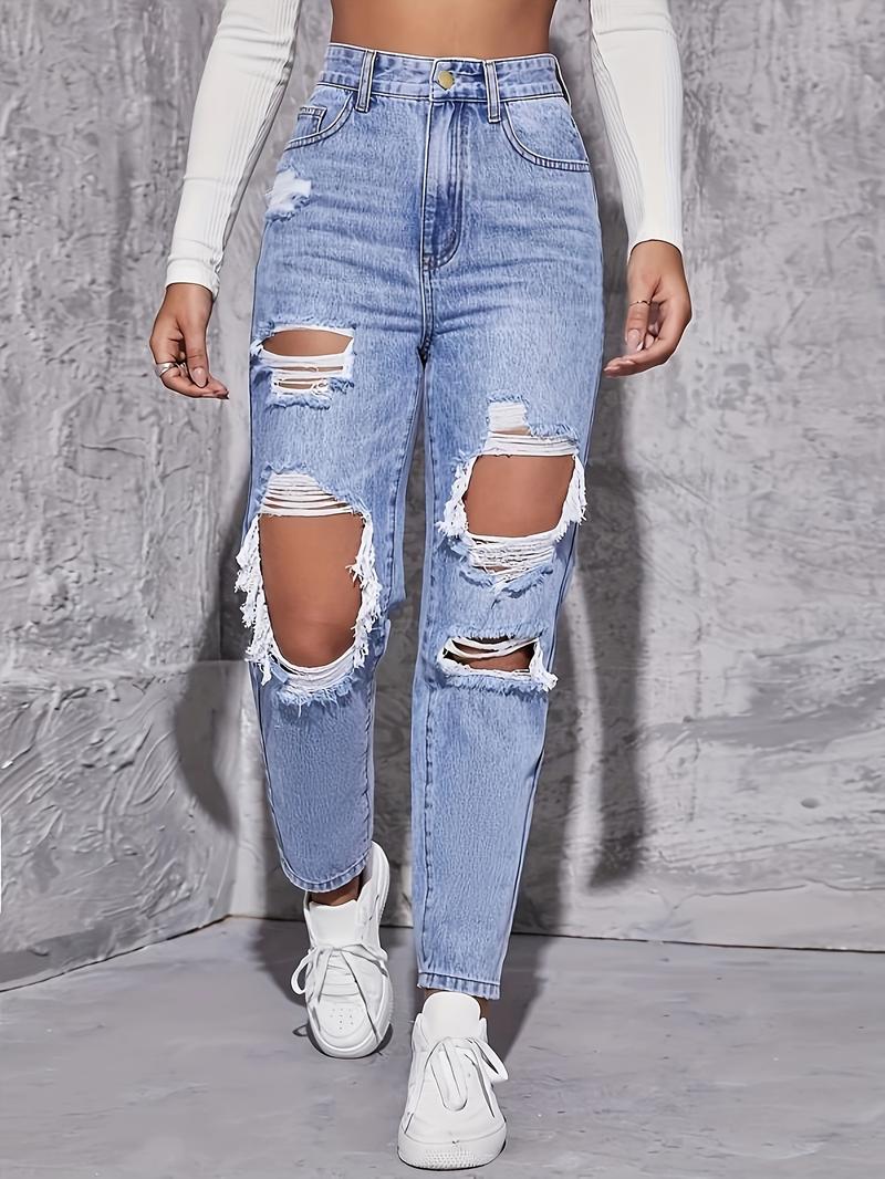 Product Introduction of American Retro Hole-punched Jeans Women High Waist Straight-crotch Loose Slim Design High-street Vibe Wide-legged Dragging Pants 1