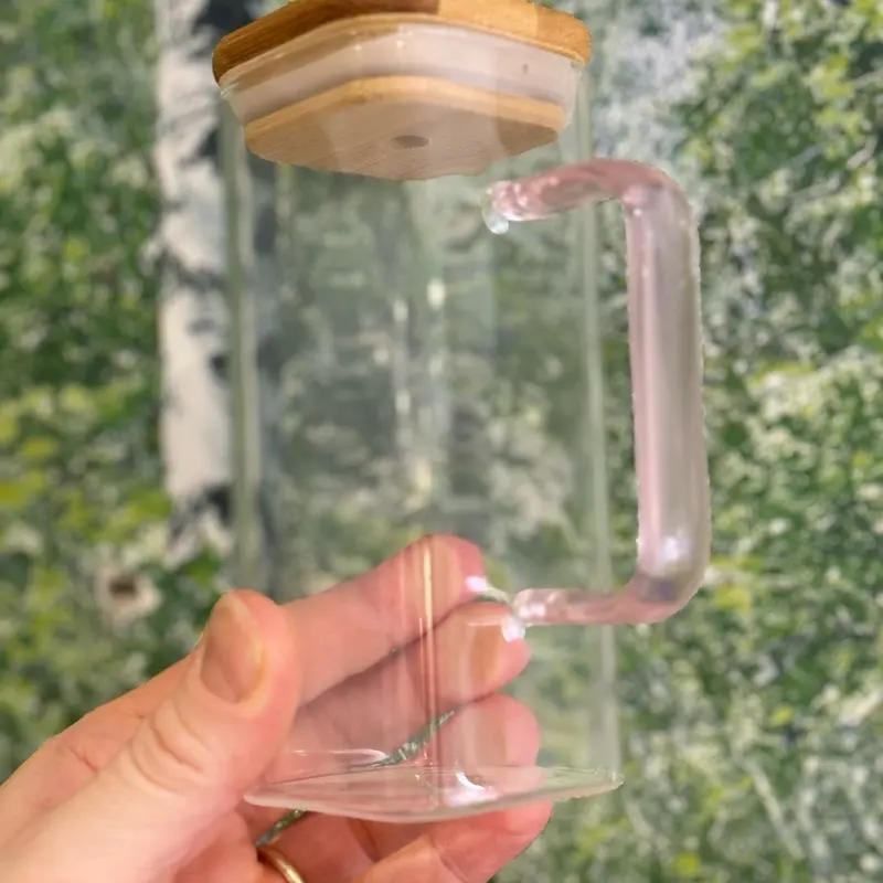 Square Glass with bamboo lid, glass handle & glass straw 6