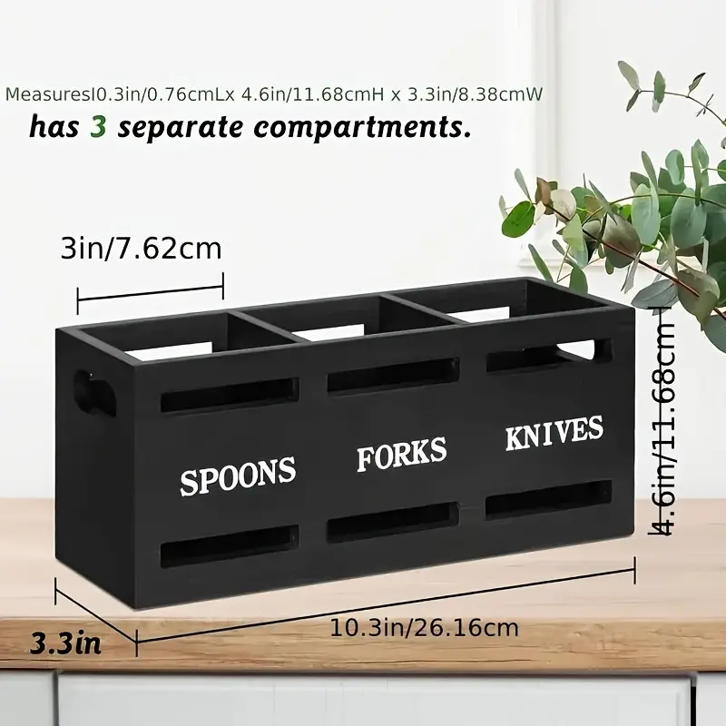 Rustic Wooden Kitchen Utensil Holder with Sturdy Iron Handle - 3-Compartment Organizer for Spoons, Forks, Knives - Perfect for Home & Restaurant Storage Kitchen Knives Knife Classic Black 3