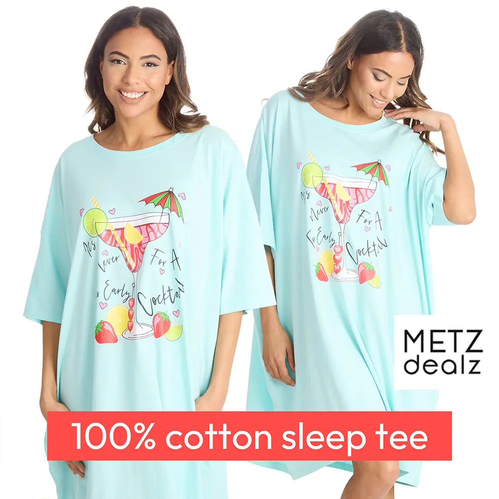 Ladies Oversized Nightdress Loose Fit Nightie 100% Cotton Nightshirt Tee Pyjama T-shirt Green One Size - Coctail Comfort