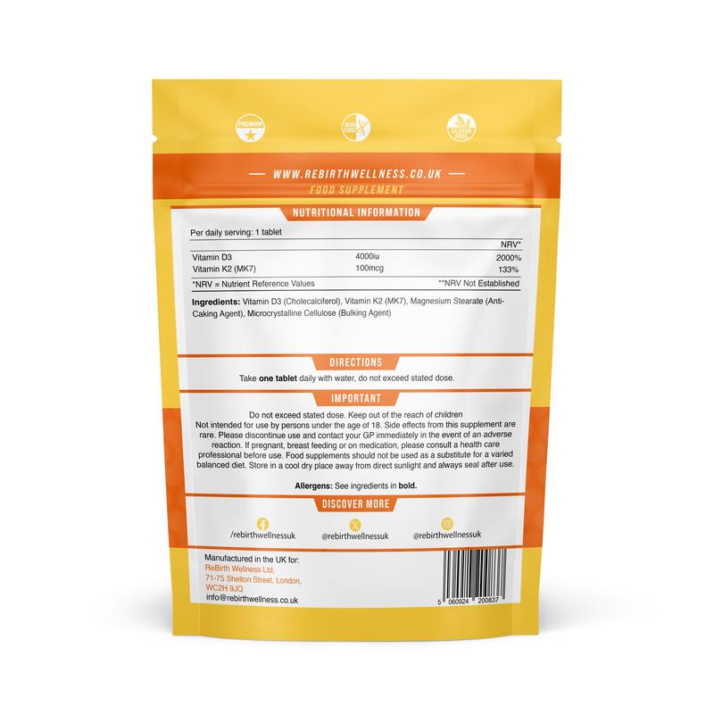 Vitamin D3 + K2 - 365 Tablets (1 Year Supply) - D3 4000iu + K2 100mcg - 3rd Party Lab Tested - Made in UK - ReBirth Wellness - Healthcare, cortisol boost 1