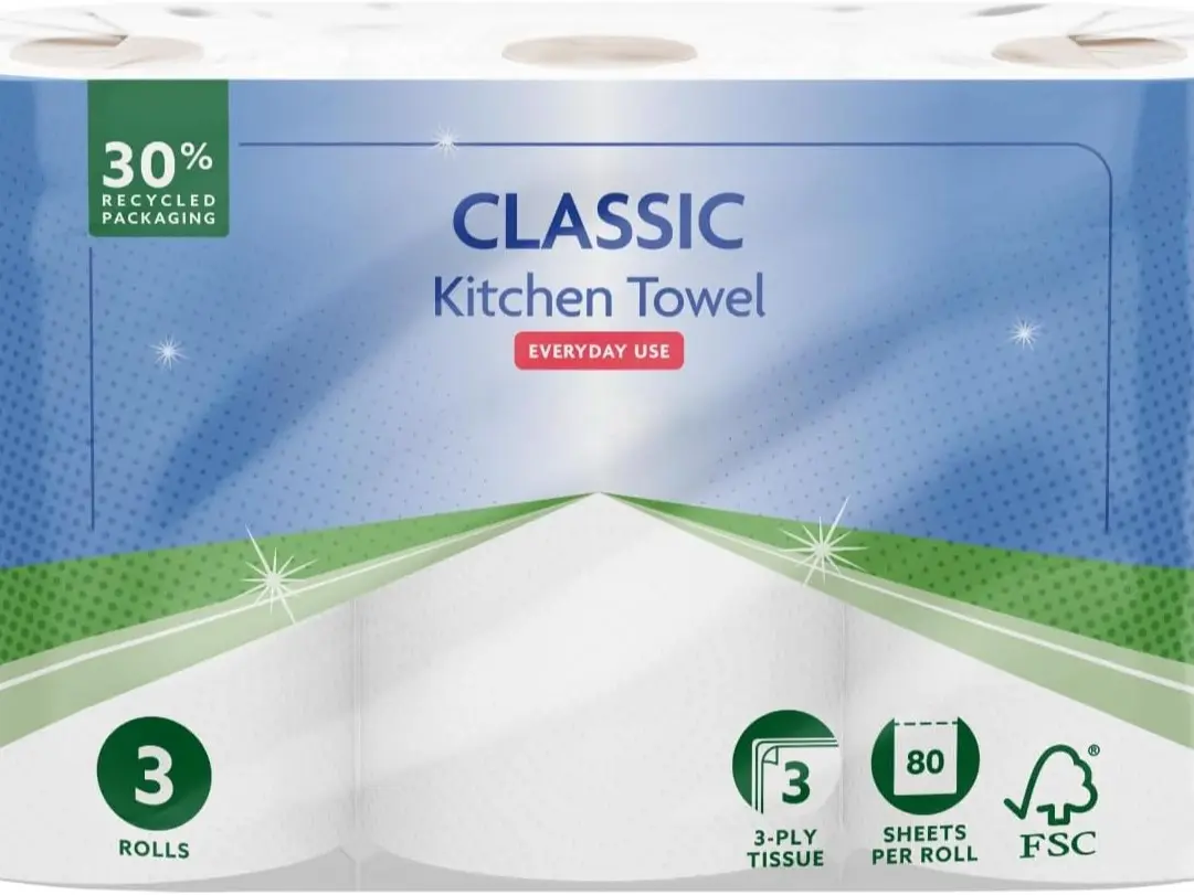 Classic Kitchen Roll, 3-ply, Strong and Absorbent, 3 Rolls (1 Pack of 3), 80 Sheets per Roll, FSC Certified Wipes, tissue