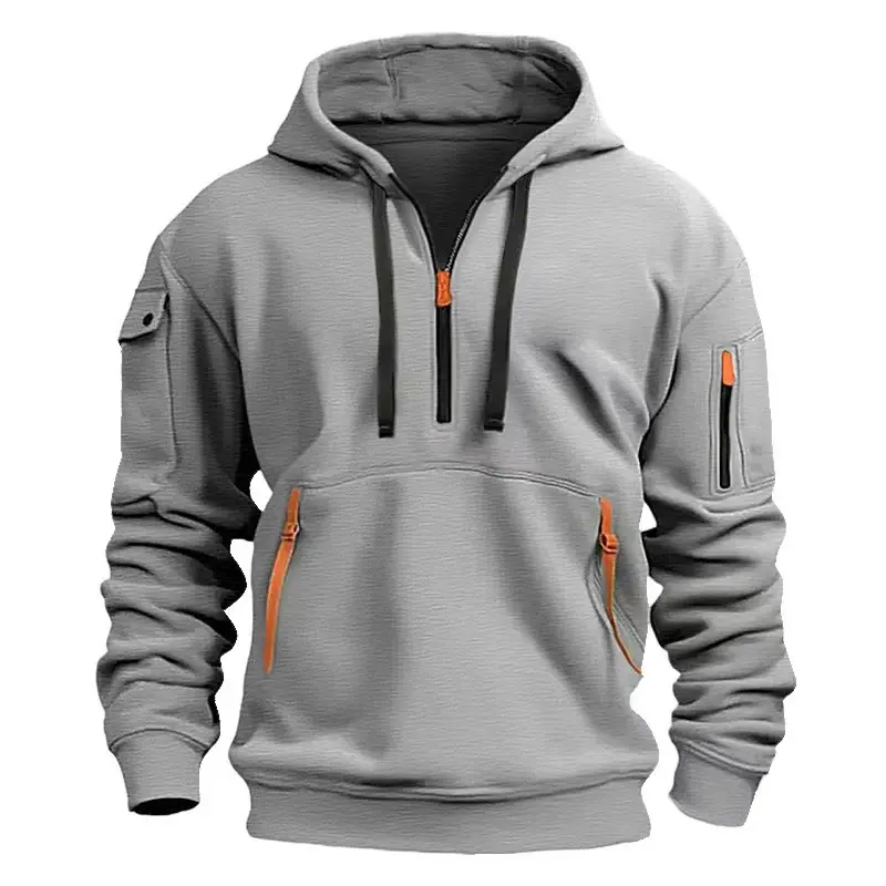 Men's Casual Fashion Hooded Sweatshirt with Multiple Zipper Pockets - 100% Polyester Knitted Fabric, Solid Color, Long Sleeve, Regular Fit 7