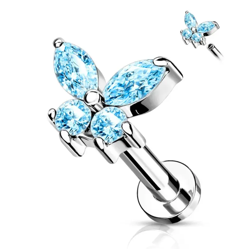 CRYSTAL BUTTERFLY FLAT BACK LABRET STUD 5