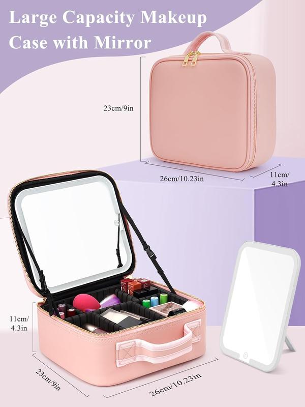 GleamVue Travel Makeup Bag with LED Mirror - Christmas Gift for Women - Suitable for Travel - Detachable Vanity Mirror with Lights - Tri-light Dimmable, Makeup Case with Adjustable Dividers and Brush Holder - Cosmetic Organizer Storage Box 7