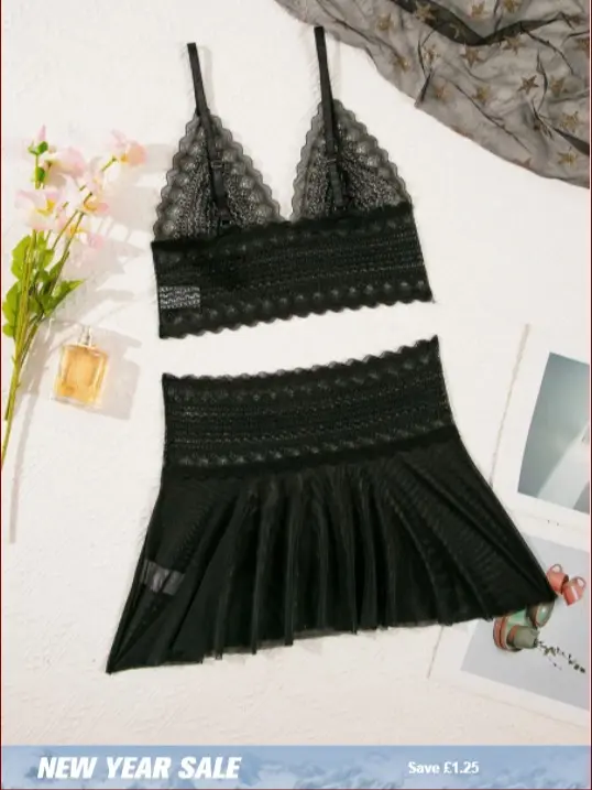 Valentine's Romance: Wireless & Mesh 2-Piece – Feel Sexy & Confident in Luxury Women's Wear Comfort Womenswear Basic Minimalist romantic premium spicy outfit lace lingerie set super Black 7
