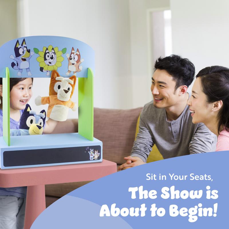 Bluey Wooden Puppet Theater Playset - FSC-Certified Wood, Includes 2 Hand Puppets, Chalk & Curtain, Eco-Friendly Toy for Kids 3+, Compact & Easy to Store, Inspires Imagination & Storytelling 2