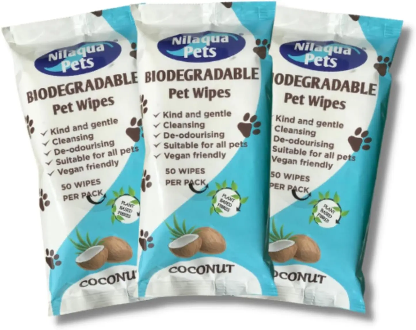 Nilaqua Pets Biodegradable Cleansing Pet Wipes in Coconut x 3 Packs | Deodourising, Alcohol Free and Vegan Friendly | for ALL Kinds of Pets Dogs Cats | 50 Dog Wipes each pack | 150 Wipes Total black dogs & cats