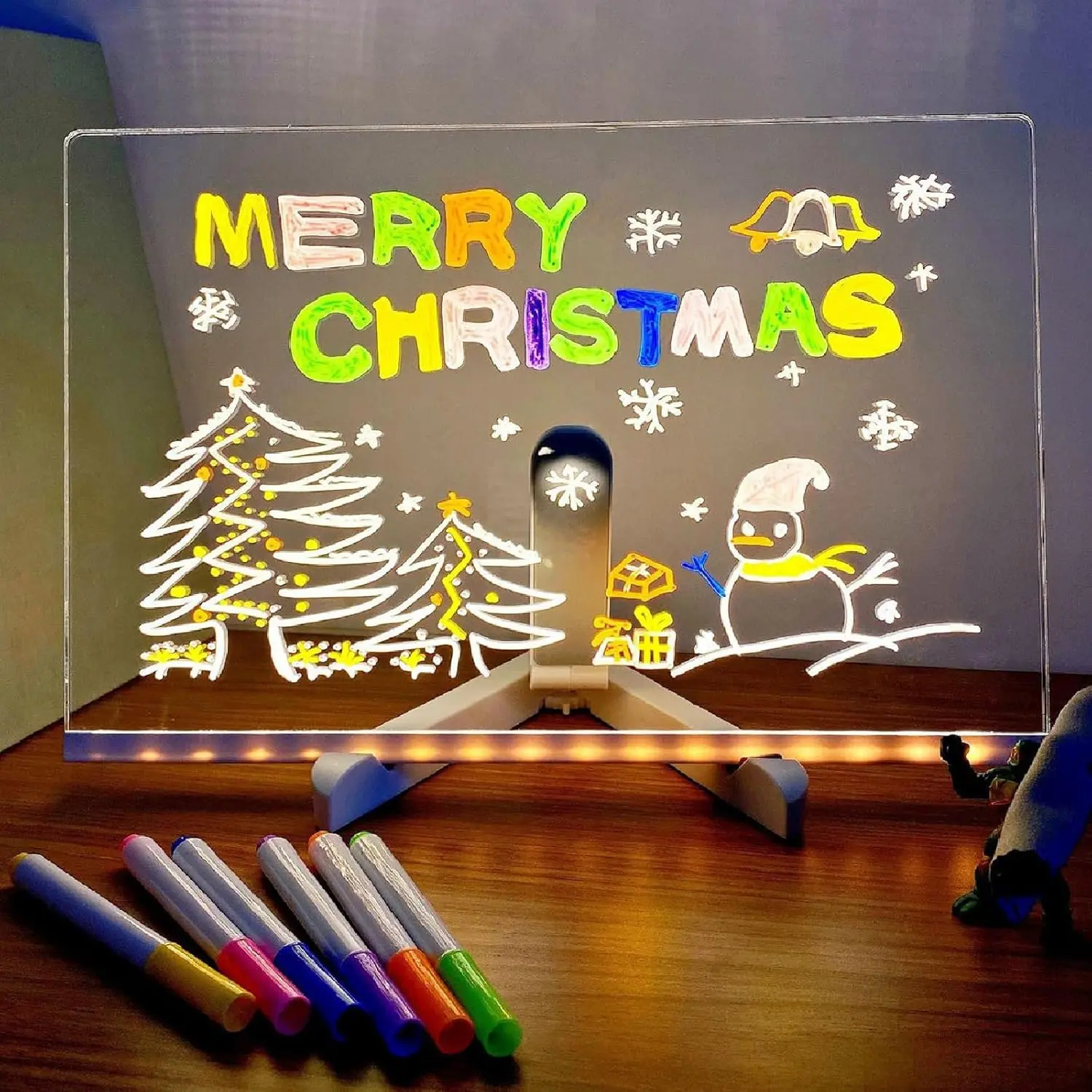 LED Note Board with 7 Colour Pens, Acrylic LED Writing Message Board, LED Light Up Drawing/Writing Board, Clear Rewritable Memo Board, Creative LED Night Light Dry Erase Board with Stand (15 * 15cm)