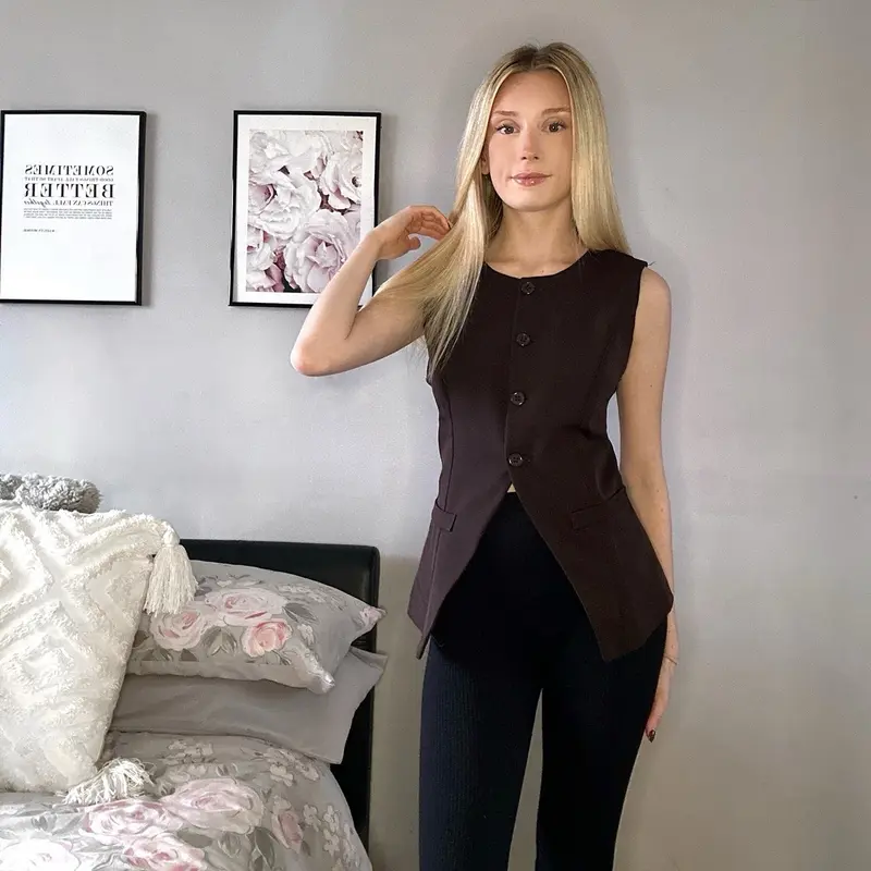 Chocolate Tailored Split Waist Coat for Women - UK 4/6 - Fabric, Womenswear 0