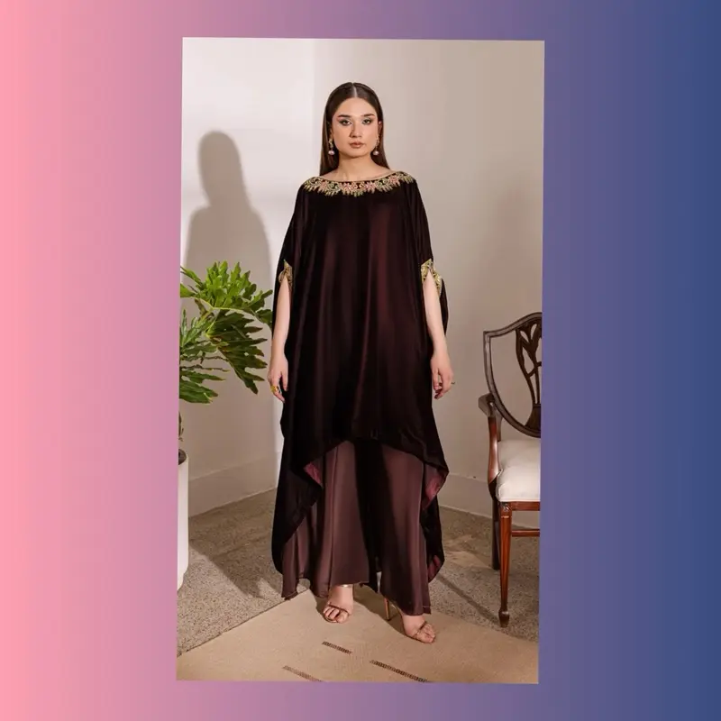 Eid outfit Micro Velvet Tilla Work Cape with Rawsilk Palazzo 5