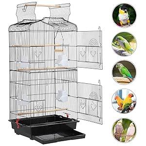 Product Introduction of Metal Bird Cage Parrot Cage for Budgie/Lovebird/Cockatiel/Canary with Open Play Top 104cm Black 13